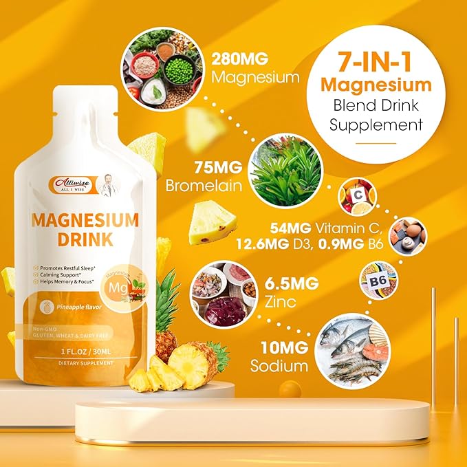 Magnesium Citrate Liquid Magnesium Drink Oral Solution with Vitamin, Zinc & Sodium Bromelain, Essential Magnesium Supplement Support Immune, Bone Health and Zzz, Pineapple Flavor, 10 Fl Oz