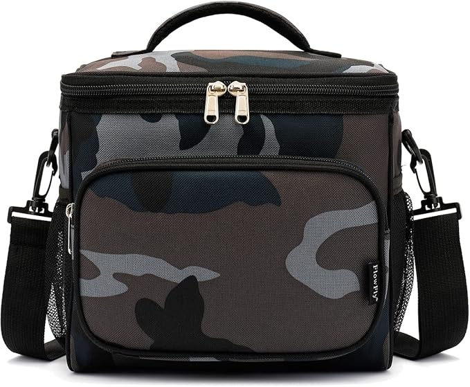 FlowFly Insulated Reusable Lunch Bag Adult Large Lunch Box for Women and Men with Adjustable Shoulder Strap,Front Zipper Pocket and Dual Large Mesh Side Pockets,BlackCamo