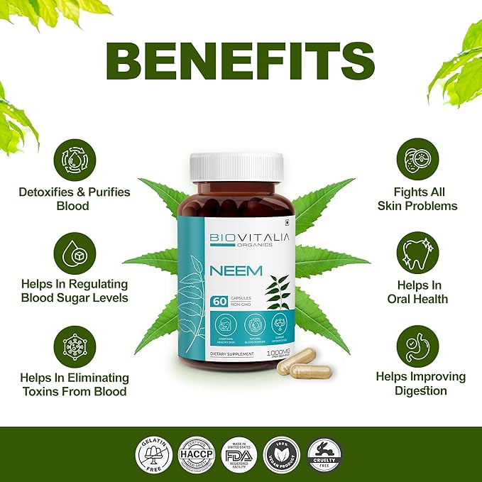 Biovitalia Plant Based Neem 1000mg Capsule for Men & Women | Dietary Supplement | Support Healthy & Promote Detoxification - 60 Vegan Capsules