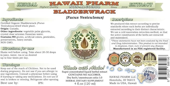 Bladderwrack Alcohol-Free Liquid Extract, Bladderwrack (Fucus Vesiculosus) Glycerite Hawaii Pharm Natural Herbal Supplement 2 oz