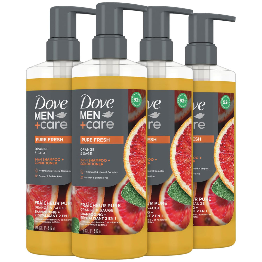 Dove Men+ Care 2-in-1 Shampoo & Conditioner, Orange & Sage, Pure Fresh – Men’s Shampoo & Conditioner, Sulfate-Free, with Zinc & Vitamin C for Strong, Healthy Hair, 17.5 Oz (Pack of 4)