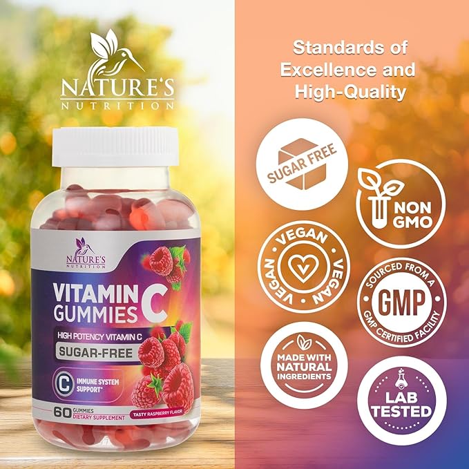 Zero Sugar Vitamin C Gummies - Immune Support & Antioxidant VitaminC Dietary Supplement - Vegan, Non-GMO, Dairy & Gluten Free C Vitamin Gummy - Raspberry Flavor for Kids & Adults - 60 Count Gummies