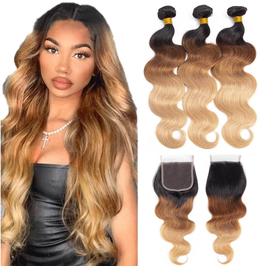 12A Ombre Bundles Human Hair With Closure (16 18 20+16'') Ombre Human Hair 3 Bundles With Closure 100% Unprocessed Virgin Brazil