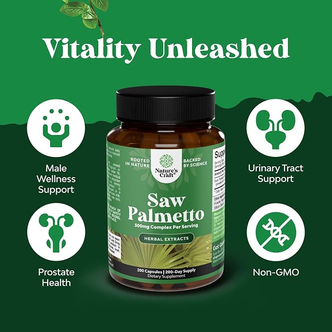Extra Strength Saw Palmetto Extract - Advanced Herbal Complex for Hair Health and Urinary Support with Plant Sterols & Flavonoids - Potent Herbal Supplement with 500mg per Serving - 200 Capsules