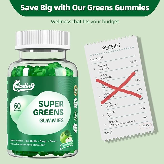Super Greens Gummies for Women - Daily Vitamins Supplement with 20+ Nutrients, Vitamins and Minerals, Immune Support, Digestive Health, Energy Boost, Natural Green Apple Flavor, 60 Gummies