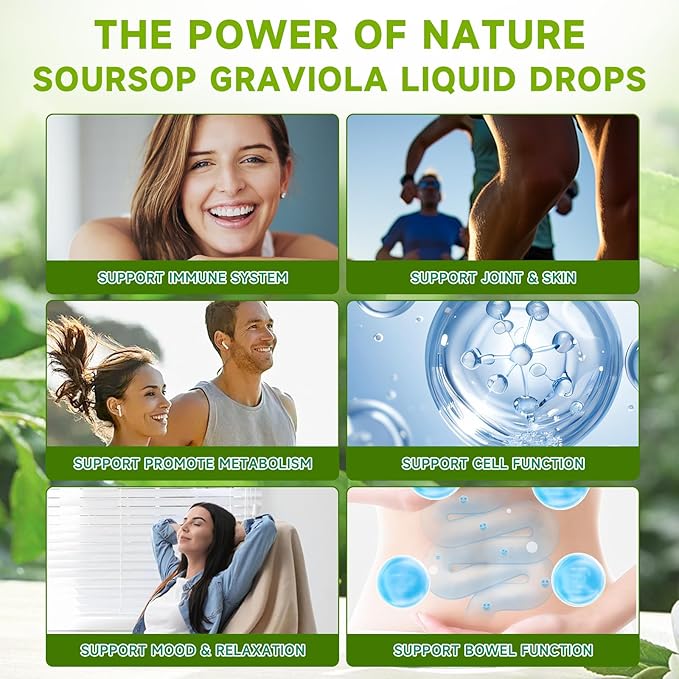 Soursop Graviola Liquid Drops - 2000mg Pure Soursop Extract Blended with 300mg Sea Moss & 100mg Elderberry - Powerful Cell Support, Antioxidant-Rich, Immune-Boosting - 2 Fl Oz (60ml) Bottle