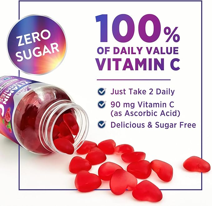 Zero Sugar Vitamin C Gummies - Immune Support & Antioxidant VitaminC Dietary Supplement - Vegan, Non-GMO, Dairy & Gluten Free C Vitamin Gummy - Raspberry Flavor for Kids & Adults - 60 Count Gummies