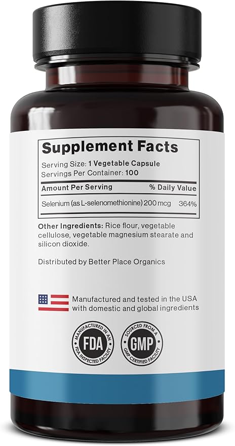 Better Place Supplements Selenium, 200mcg - 100 Vegetarian Capsules | Supports Immune System & Healthy Cellular Function (1)