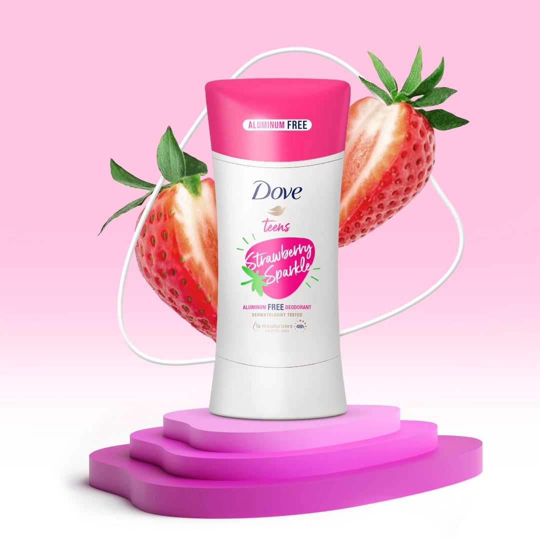Dove Teens Deodorant Stick Strawberry Sparkle, for gentle underarm care, 48-hour odor protection and aluminum free deodorant, 2.6 oz