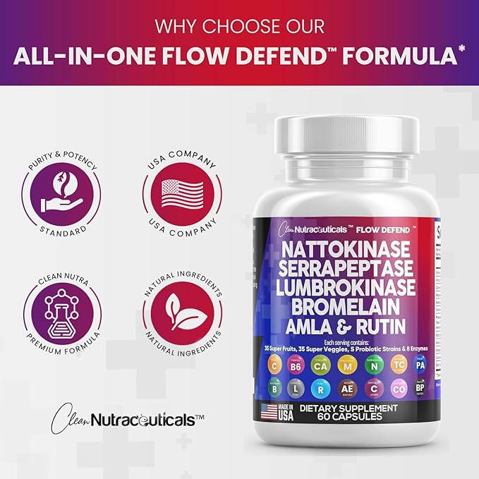 Clean Nutraceuticals Nattokinase 4000 FU Serrapeptase 120000 SPU Lumbrokinase Enzyme Supplement with Bromelain Papain Papaya Enzymes Rutin Extract Amla Magnesium Vitamin B6 & VIT C Capsules - 5Pack