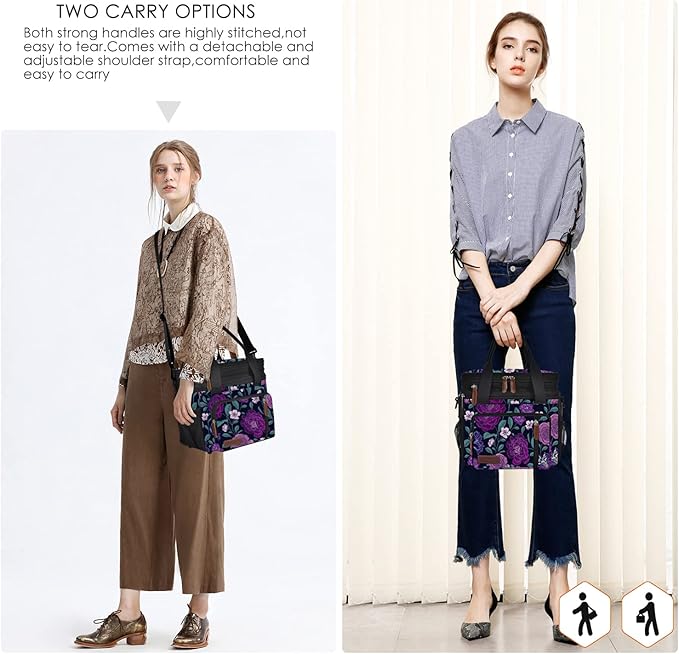 MIYCOO Lunch Bag for Women Men Double Deck Lunch Box - Leakproof Insulated Soft Large Lunch Cooler Bag, (Purple Flower,15L)