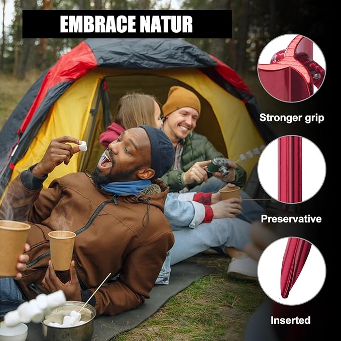 6 Pieces Tent Stakes Heavy Duty Camping Stakes, QEBAJI 7.5 inch Rust-Free Metal Tent pegs Ground Stakes Tent pegs Camping，6pack Red