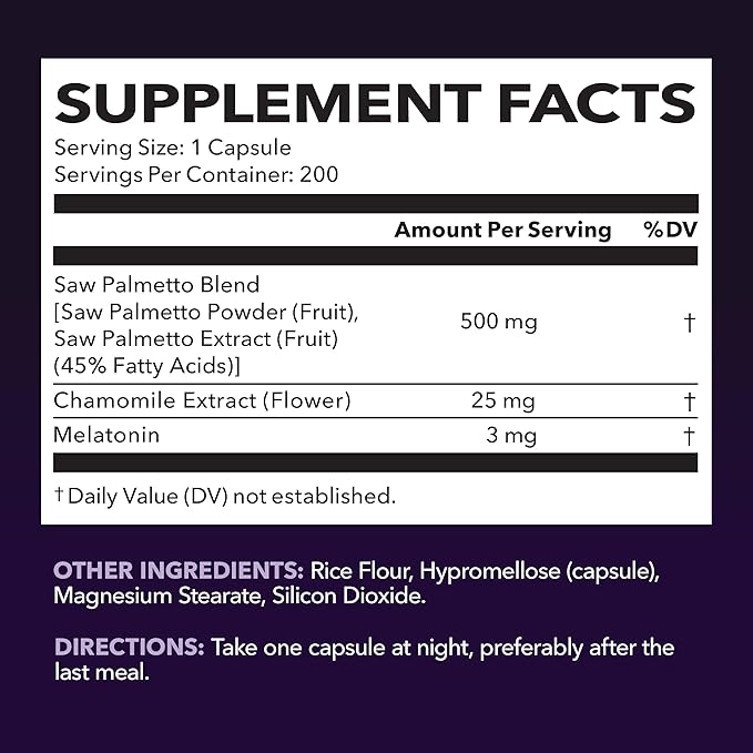 Saw Palmetto PM for Men with Melatonin 3mg - Night Time Prostate Health Supplement for Bladder and Sleep Support - Reduce Urinary Frequency - 200 Count - Vegan, Non-GMO Capsules - Over 6 Month Supply