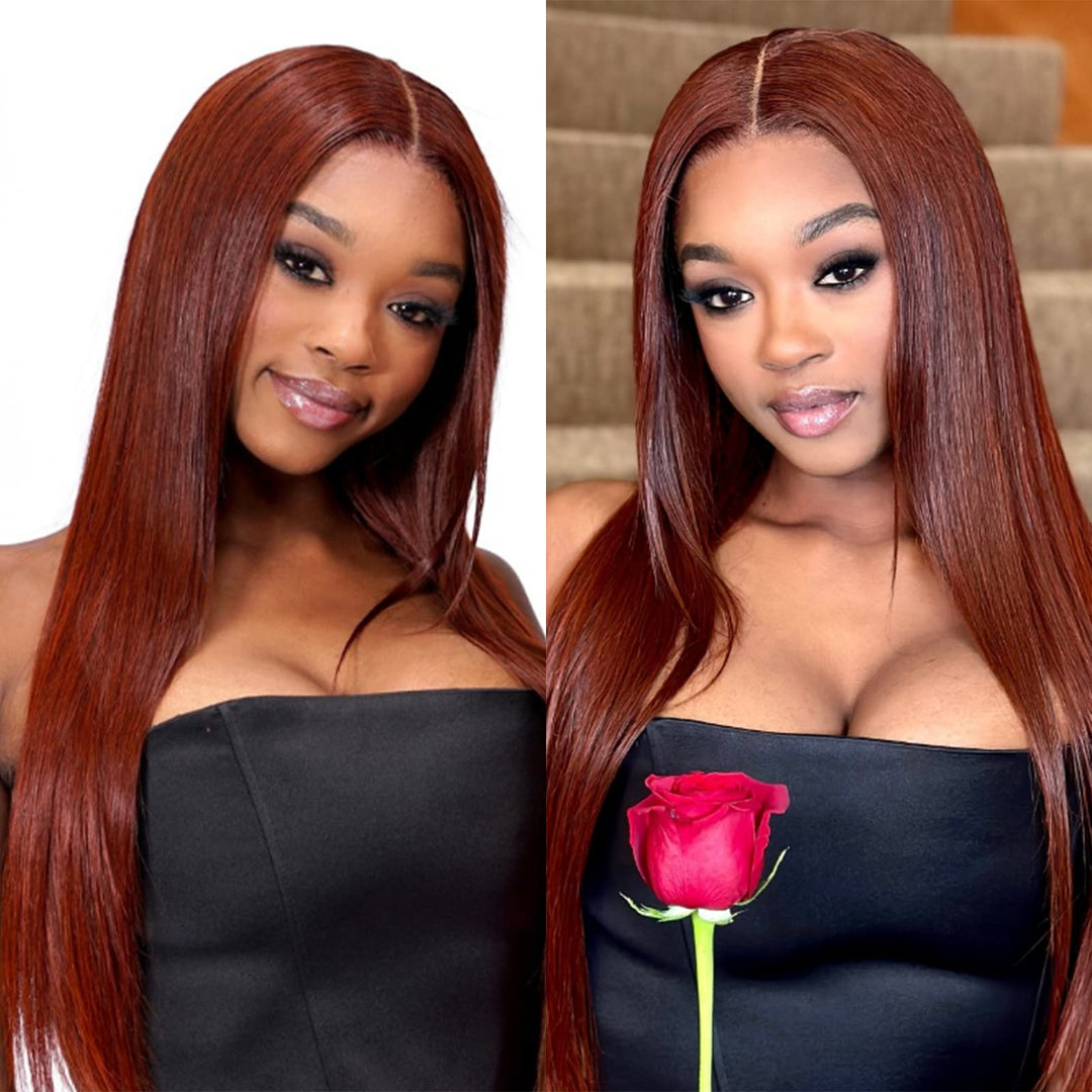 13X6 Reddish Brown Lace Front Wigs Human Hair Straight 180% Density Copper Red Lace Front Wig Human Hair 24 Inch Glueless Bone S
