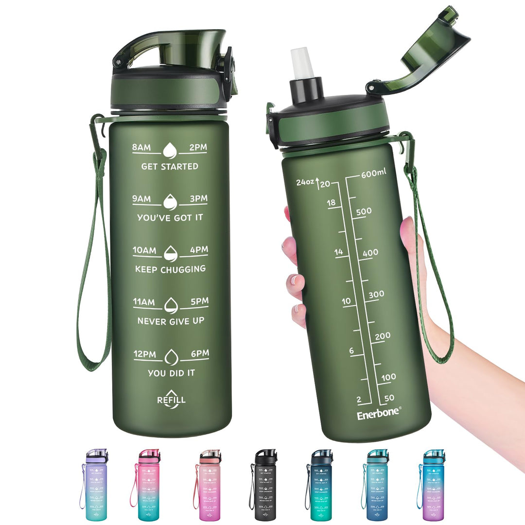 Enerbone 24 oz Water Bottle, Leakproof BPA & Toxic Free, Motivational Water Bottle with Times to Drink and Straw, Fitness Sports Water Bottle with Strap for Office, Gym, Outdoor Sports