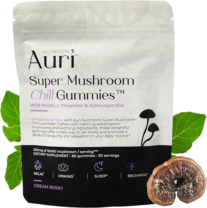 Auri Super Mushroom Chill Gummies - Natural Calming Aid & Stress Reduction Supplement for Adults w/Reishi Mushroom, Ashwagandha, L-Theanine - Unwind Mind & Harmonize Your Day - 60 Calm Gummies