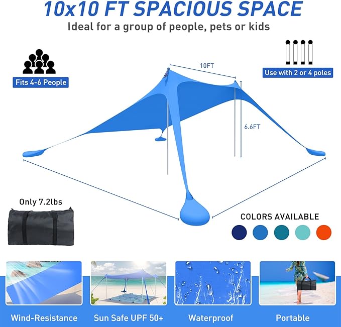 Beach Tent Pop Up Shade Canopy Sun Shelter UPF50+ with 2 Stability Poles/Carry Bag/Ground Pegs/Sand Shovel/Windproof Ropes Portable Outdoor Family Sunshade for Beach Camping(Royal Blue10×10FT)