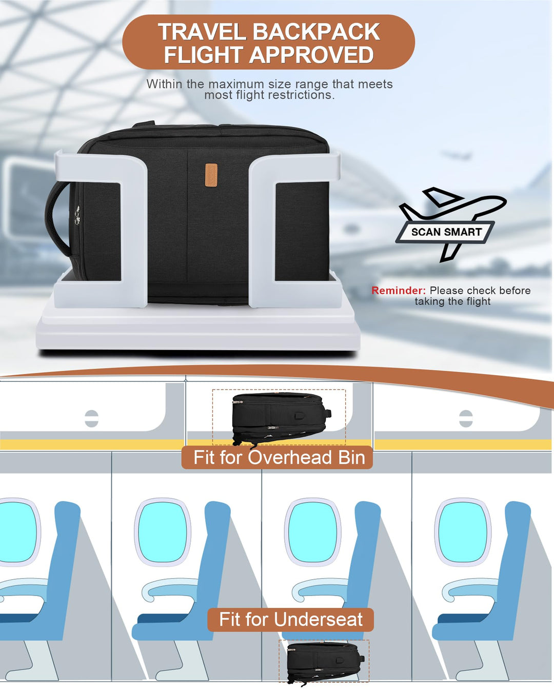 Black Laptop Travel Backpack For Women Men Airline Approved Carry On Bags For Airplanes Underseat Luggage Backpack For Traveling On Airplane Personal Item Travel Bag For Airlines Travel Essentials