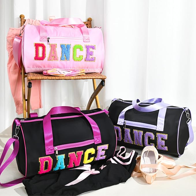 Dance Bag for Girls, KUIRAN 23L Waterproof Travel Duffel Bag with Colorful Chenille Letter, Lightweight Small Gym Sport Ballet Bag Weekender Bag with Large Main Compartment - Pink