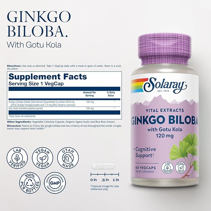 SOLARAY Ginkgo Biloba Extract with Gotu Kola - Ginko Biloba Capsules for Brain Health Support - Vegan, Lab Verified, 60-Day Guarantee - 60 Servings, 60 VegCaps (60 VegCaps)