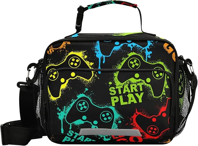 Video Game Pattern Lunch Bag Insulated Lunch Boxes Cooler Cooling Tote Food Container for Adults Men Women