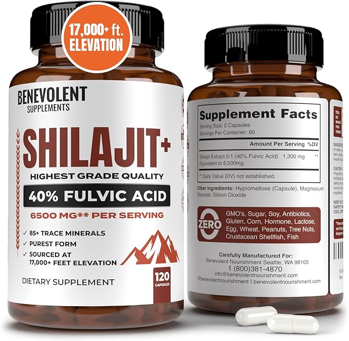 6,500mg Shilajit Supplement with 40% Fulvic Acid (High Absorption) | Shilajit Mineral Supplement with 85+ Trace Minerals for Energy, Performance & Immune Health - 120 Capsules