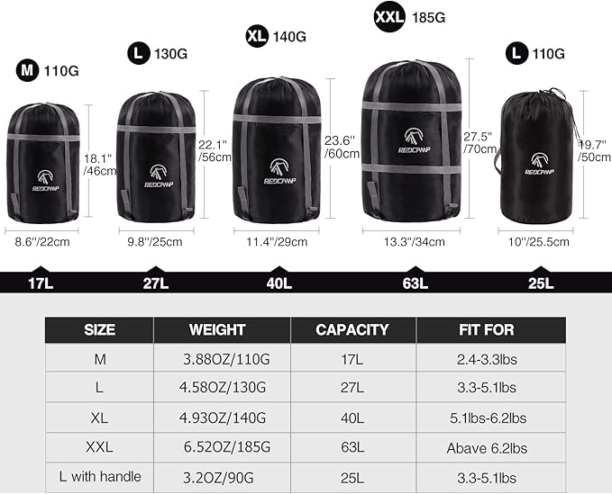 REDCAMP Sleeping Bag Stuff Sack, Black M, L, XL and XXL Compression Sack, Great for Backpacking and Camping