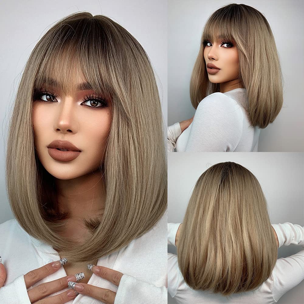 Emmor Blonde Bob Wigs For Women Shoulder Length Synthetic Wig With Fringe Bangs High Heat Resistant Wig(Ombre Blonde)