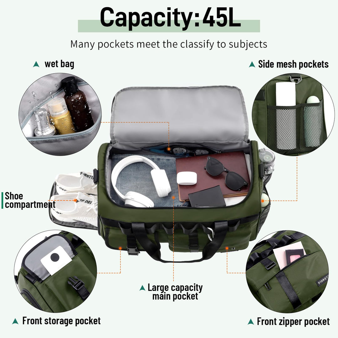 FIORETTO Women's Men's Water-Resistant Gym Duffle Bag with Shoes Compartment, 45L Capacity, Multi-Functional, Ideal for Travel, Gym, Sports, Weekender, Army Green