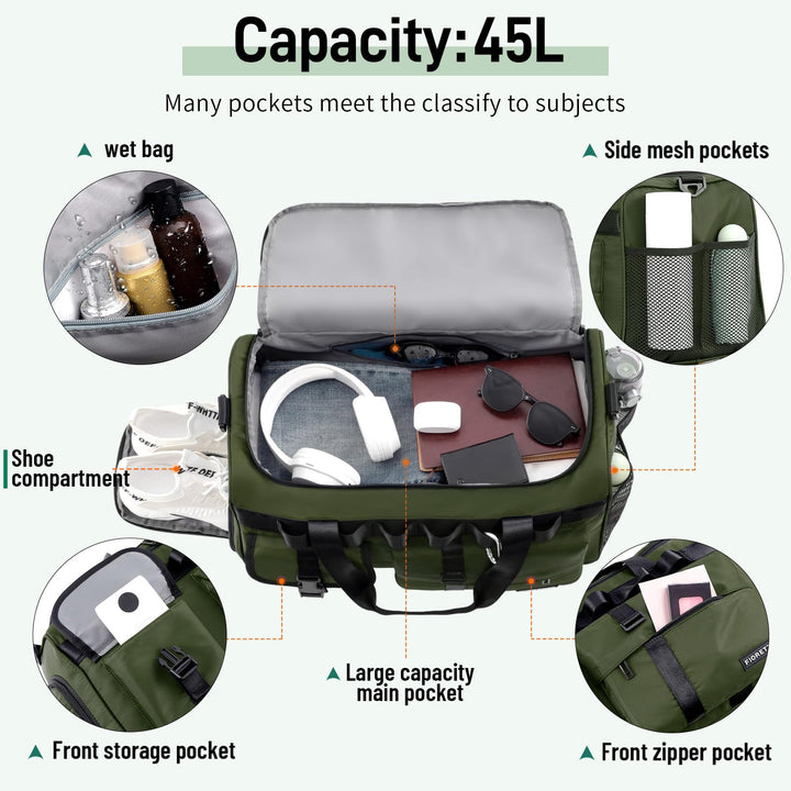 FIORETTO Women's Men's Water-Resistant Gym Duffle Bag with Shoes Compartment, 45L Capacity, Multi-Functional, Ideal for Travel, Gym, Sports, Weekender, Army Green