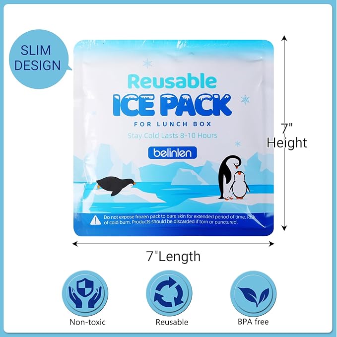 6 Pack Reusable Ice Packs for Lunch Boxes - 7x7 Inch Long-Lasting Freezer Packs, BPA-Free Gel & Leakproof Design Cold Packs for Cooler, Camping, Travel