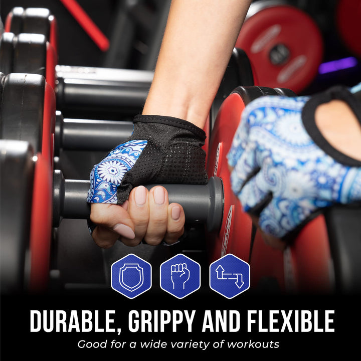Contraband Pink Label 5387 Womens Design Series Paisley Print Lifting & Rowing Gloves (Pair) - Lightweight Vegan Medium Padded Microfiber Amara Leather w/Griplock Silicone (Blue, X-Small)