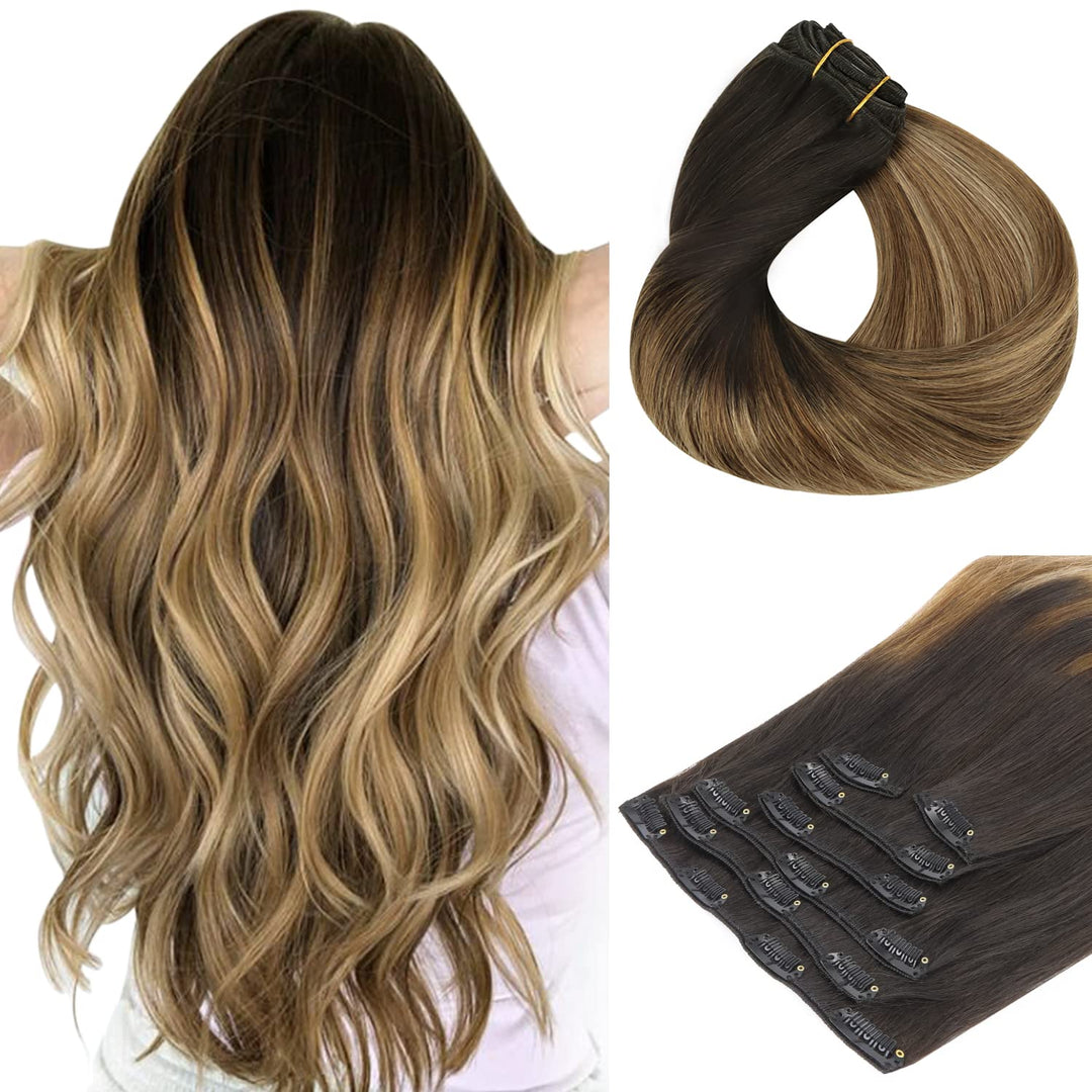 Hotbanana Human Hair Clip In Hair Extensions, Dark Brown To Chestnut Brown And Dirty Blonde Highlighted 120G Clip In Hair Extens