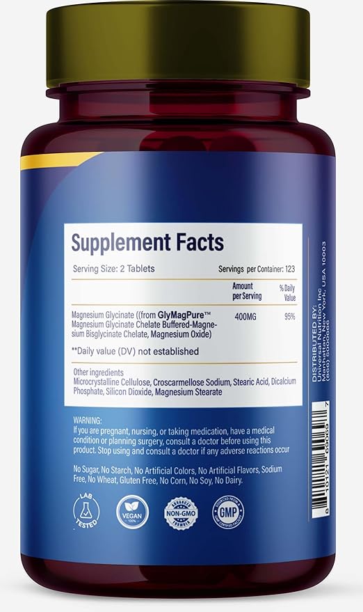 AJS Magnesium Glycinate Supplement 400mg, Magnesium Tablets, Gluten-Free, Non-GMO Supplements, Dietary Magnesium Supplement with Organic Coating,Supports Your Well-Being, 246 Tablets, 4 Months