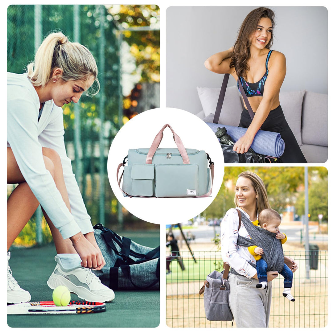 FIORETTO Women's Water-Resistant Gym Duffle Bag with Shoes Compartment, 37L Capacity, Multi-Functional, Ideal for Travel, Gym, Sports, Weekender, with Toiletry Bag, Green & Pink