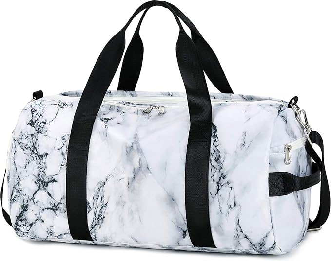 Sport Gym Duffle Travel Bag for Men Women Duffel with Shoe Compartment, Wet Pocket (Marble-White) 19.7"x9.5"x9.9"