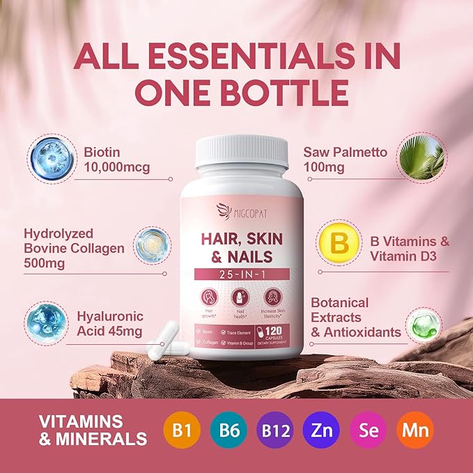 Hair, Skin & Nails Supplement - 25-in-1 Formula with Biotin 10,000mcg, Collagen, Vitamin B, C, D3, E, Folate, Iron - Supports Hair Growth, Skin Health, Nail Strength for Women - 120 Capsules