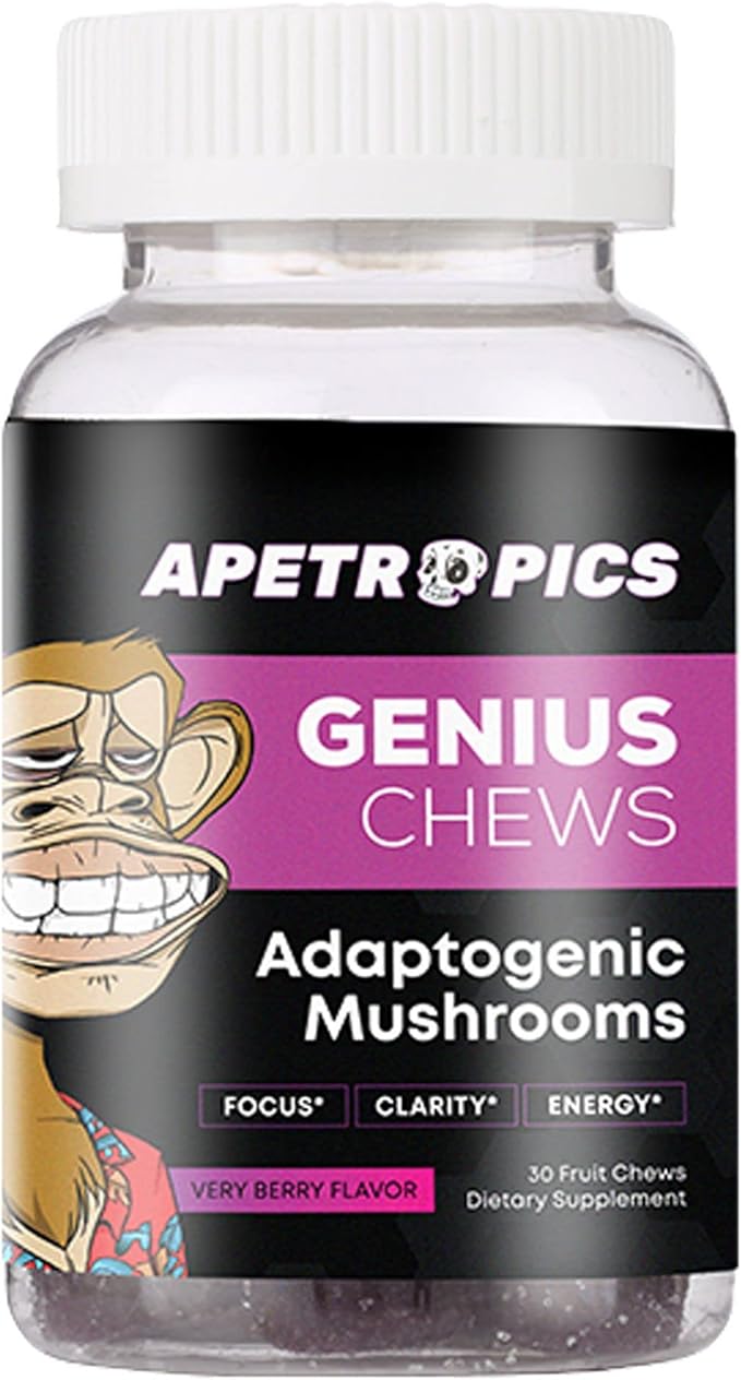 Apetropics Genius Chews - Brain Gummies with Lion’s Mane, Cordyceps, Reishi, and Turkey Tail Mushroom - Immune Support and Nootropic Brain Supplement - Very Berry Flavor - 30 Fruit Chews