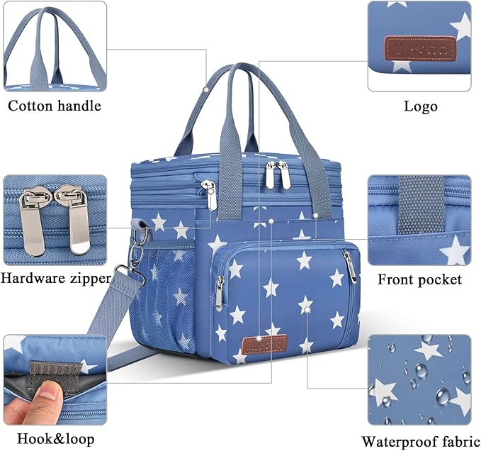 Lunch Bag & Lunch Box for Men Women Double Deck - Leakproof Insulated Soft Large Adult Lunch Cooler Bag for Work (Blue Pentagram,15L) MIYCOO