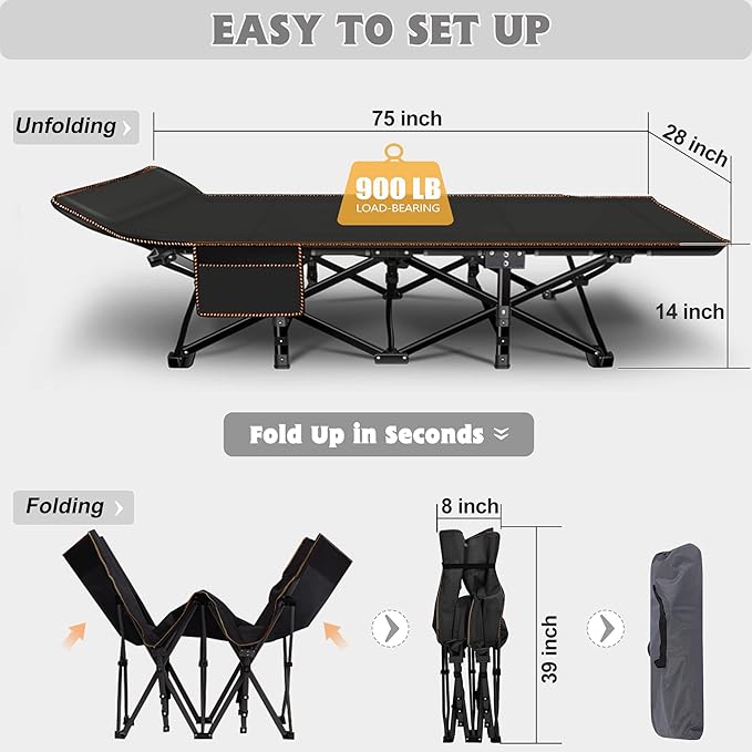 ABORON Folding Camping Cot W/Mat for Adults, Heavy Duty Outdoor Bed with Carry Bag,1200 D Layer Oxford Travel Camp Cots (Black Cot with Black Cotton Pad)