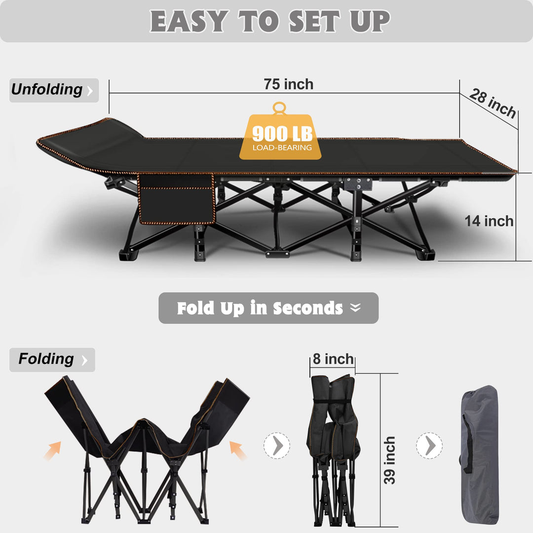 ABORON Folding Camping Cot W/Mat for Adults, Heavy Duty Outdoor Bed with Carry Bag,1200 D Layer Oxford Travel Camp Cots (Black Cot with Black Cotton Pad)