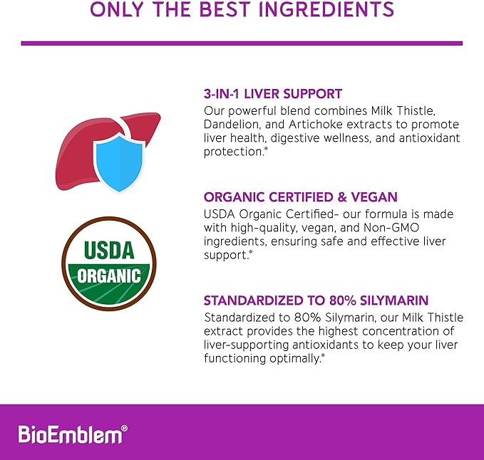 BioEmblem USDA Organic Liver Cleanse - 80% Silymarin Milk Thistle Extract for Liver Health and Liver Function with Dandelion & Artichoke Extracts - 100% Vegan, Non-GMO - Herbal Liver - 60 Capsules