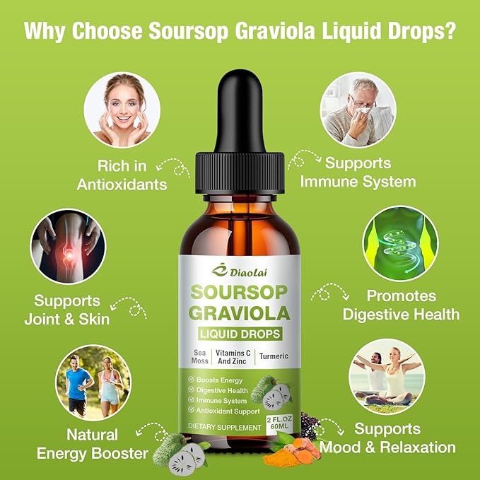 Soursop Graviola Liquid Drops - 100% Pure Organic Graviola Extract (2 Fl Oz) - Immune Support, Antioxidant Rich, Natural Energy Boost - Vegan, Non-GMO, Alcohol-Free
