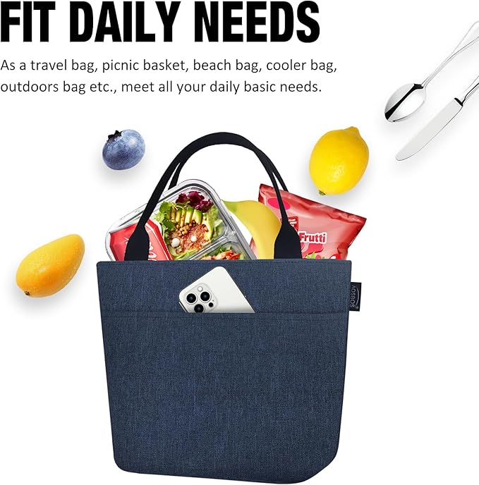 Aosbos Insulated Lunch Bag for Women, Blue, 10.0L x 5.5W x 10.0H Inches, Leakproof & Waterproof, Long-Term Insulation, Stylish & Portable, Perfect for Work, Travel, Shopping or Outdoor Activities