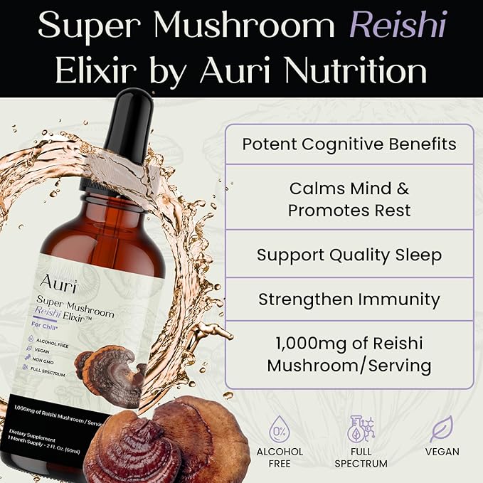 Auri Reishi Super Mushroom Elixir - Immune Booster and Stress Support Supplement to Achieve Deeper Sleep - Reishi Tincture 60ml