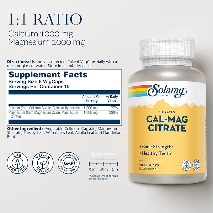 Solaray Calcium Magnesium Citrate 1000mg 1:1 Ratio, Bone Strength Supplement, Muscle, Nervous System and Bone Health Support, Chelated for High Absorption, Gentle Digestion, 15 Servings, 90 VegCaps