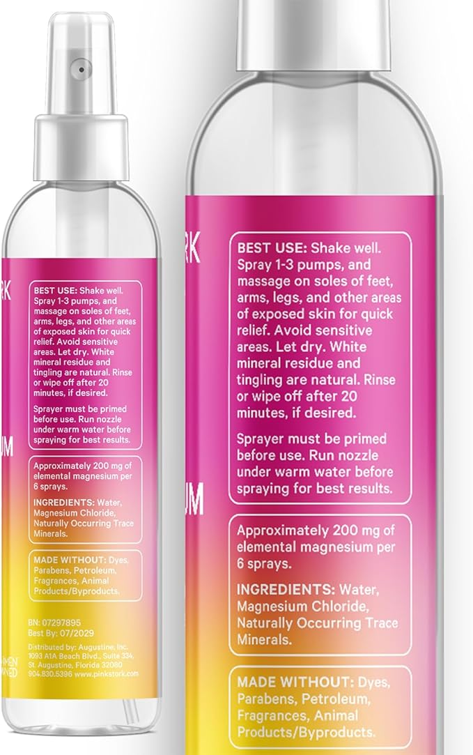 Pink Stork Magnesium Spray Mist - for Calm, Stress, and Sleep, Seasickness Support, Pregnancy Must Haves, 200 mg per 6 Sprays, Pure Magnesium Chloride Body Spray, 4 oz, Unscented