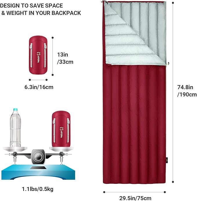 ATEPA Down Sleeping Bag for Adults, 650FP Ultralight 3 Season Compact Packable Sleeping Bag with Compression Sack for Camping Backpacking Hiking