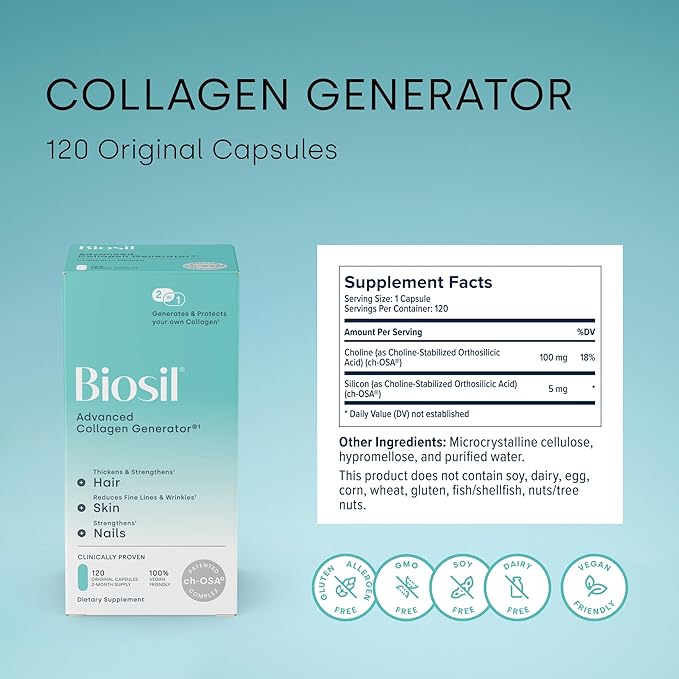 Biosil Collagen Generator - 120 Original Capsules, Pack of 2 - with Patented ch-OSA Complex - Generates & Protects Your Own Collagen - GMO Free - 120-Day Supply