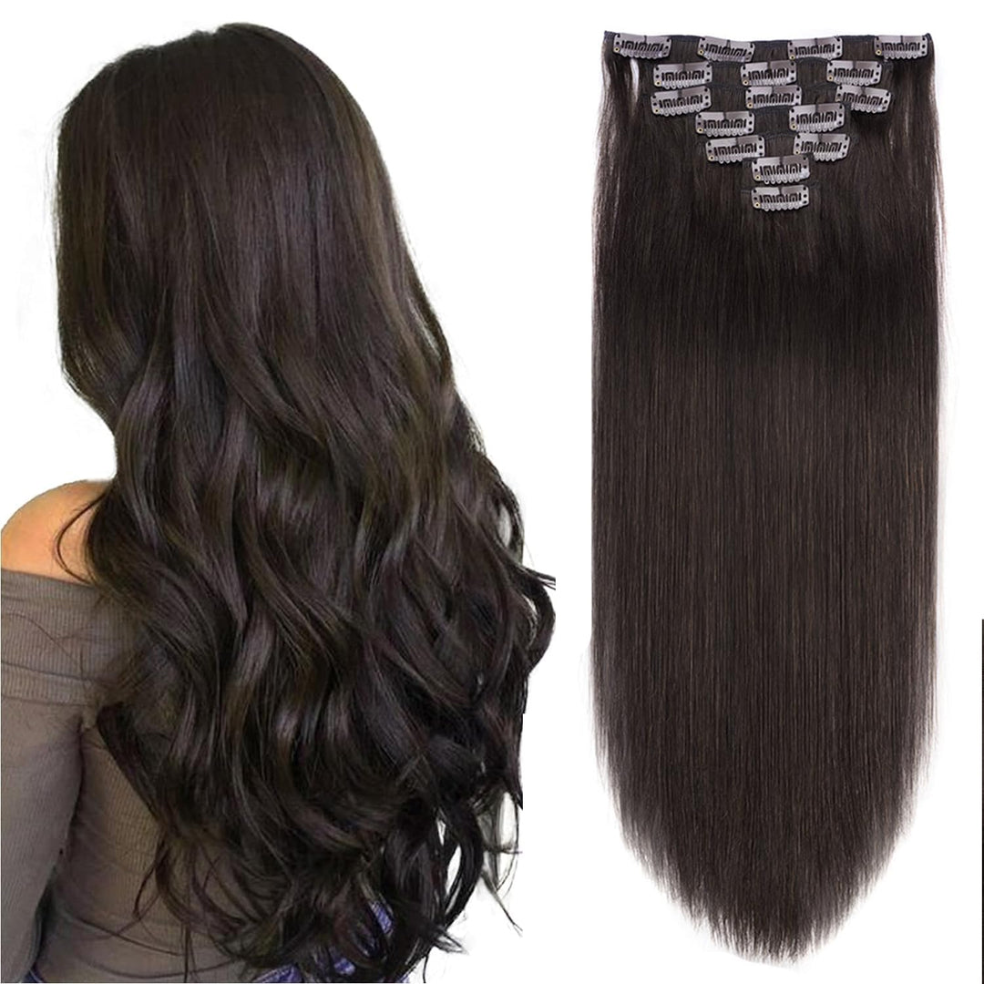 14 Inch Clip In Hair Extensions Real Human Hair 110G 7 Pieces 16 Clips Dark Brown #2 Double Weft Human Hair Clip In Extensions S